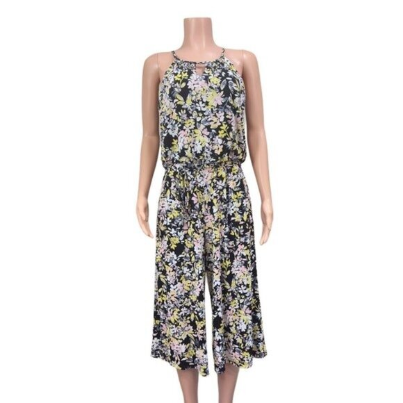 London Times Women SZ 10 Pull On Romper Jumpsuit Floral Pattern Wide Knee Legs - Picture 10 of 13